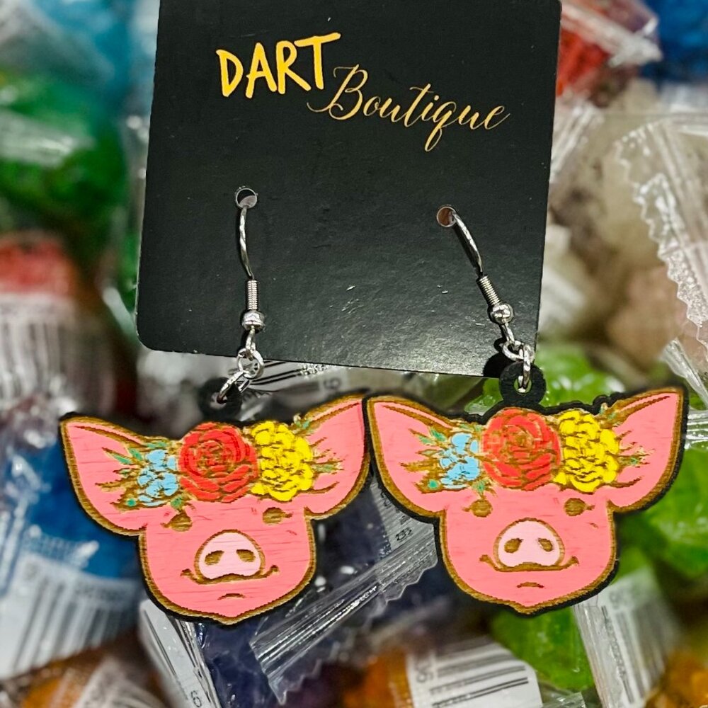 Floral Pig Wooden Earrings